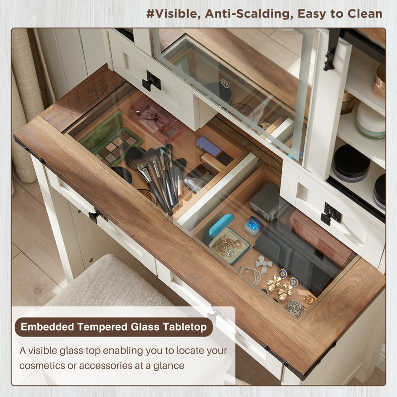 Millwood Pines Norham 31.2" W Make up Vanity Table with Glass Tabletop